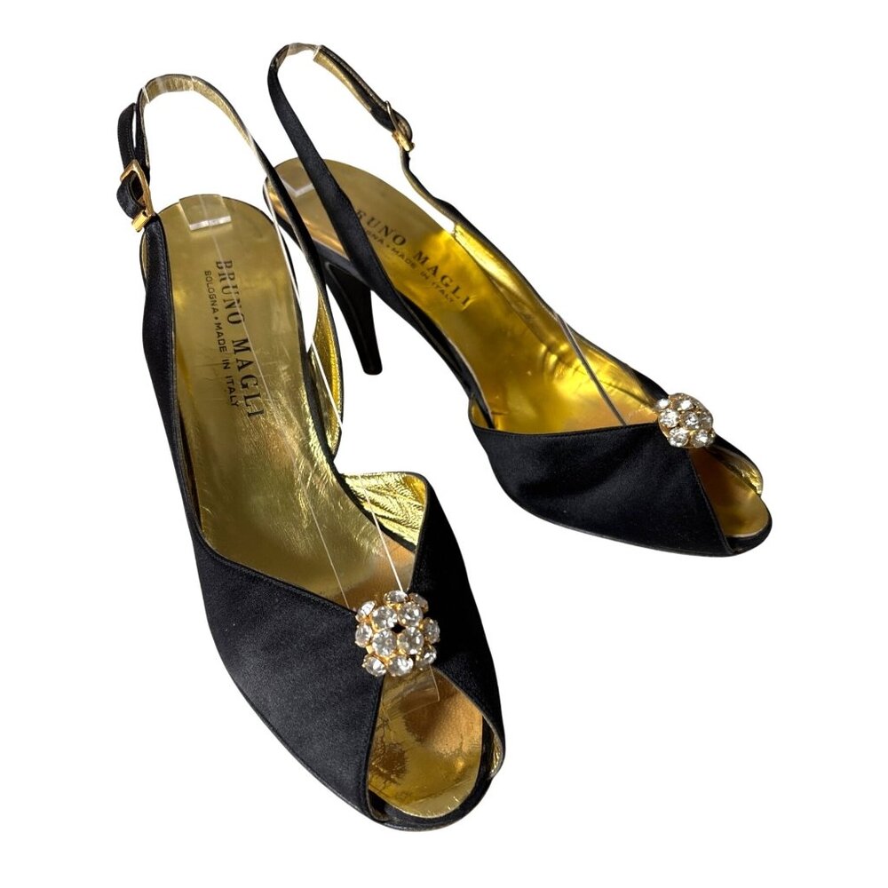 Bruno Magli Black Satin Peeptoe Slingbacks Shoes Heels Rhinestone Accent‎ Size 7